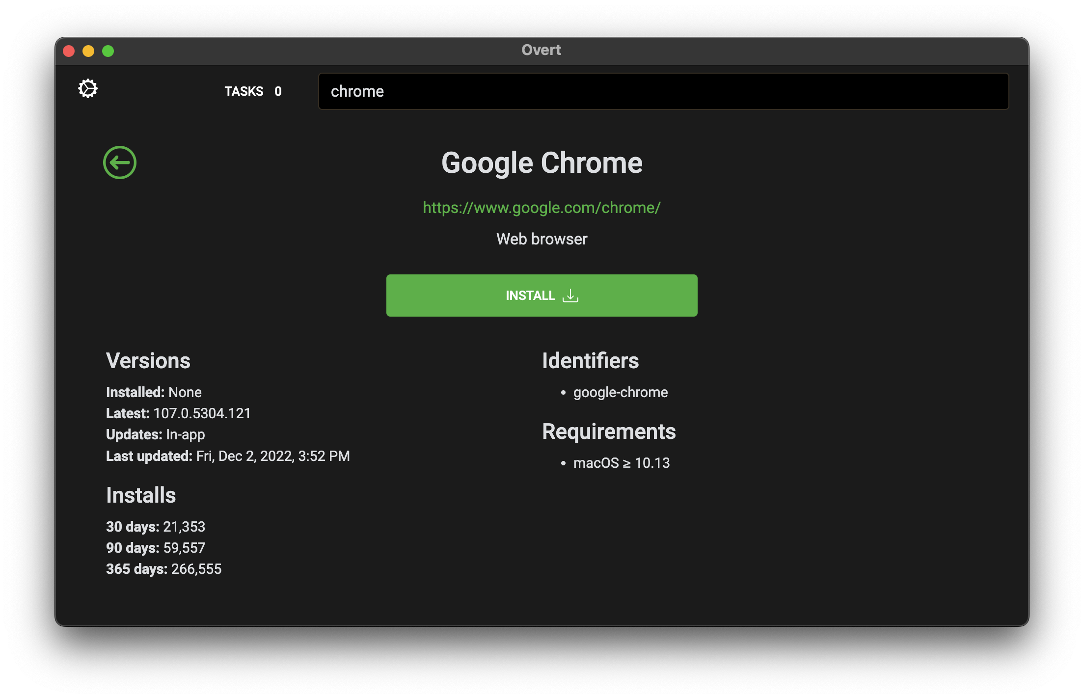 Viewing app details for Google Chrome; action button reads "Install"