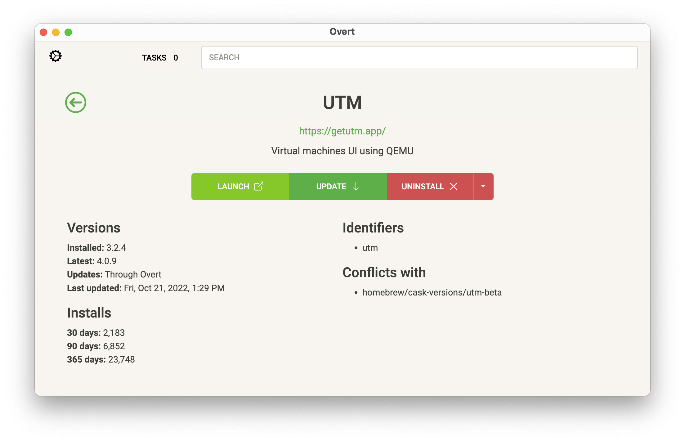 Viewing details for UTM, an installed app; action buttons read "Launch", "Update" and "Uninstall"